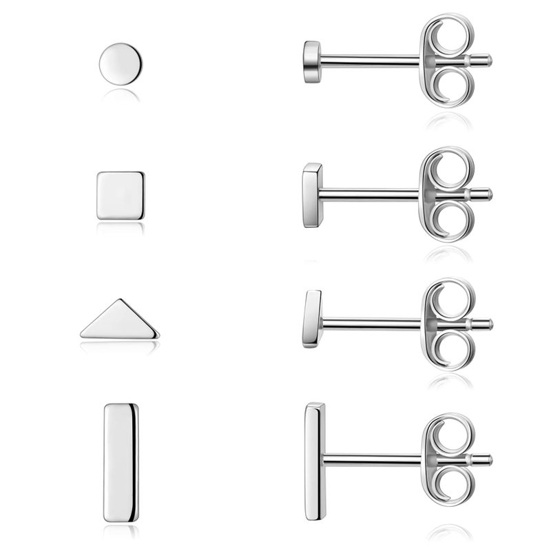 EPIRORA Sterling Silver Stud Earrings for Women Men- 4 Pairs of Hypoallergenic Simple Geometric Small Stud Earring Set Tiny Circle Triangle Square Bar Stud Earrings Mini Cartilage Tragus Earrings(Sliver) - Image 1